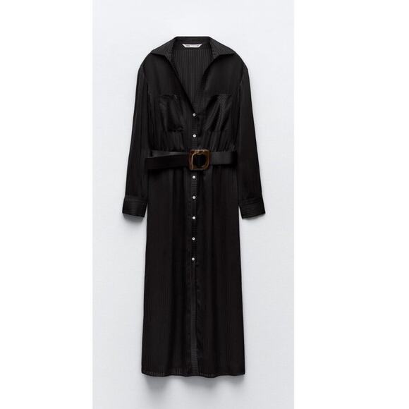 Zara Striped Button Front Ling Sleeve Shirt Dress Size XL Black - Picture 4 of 9